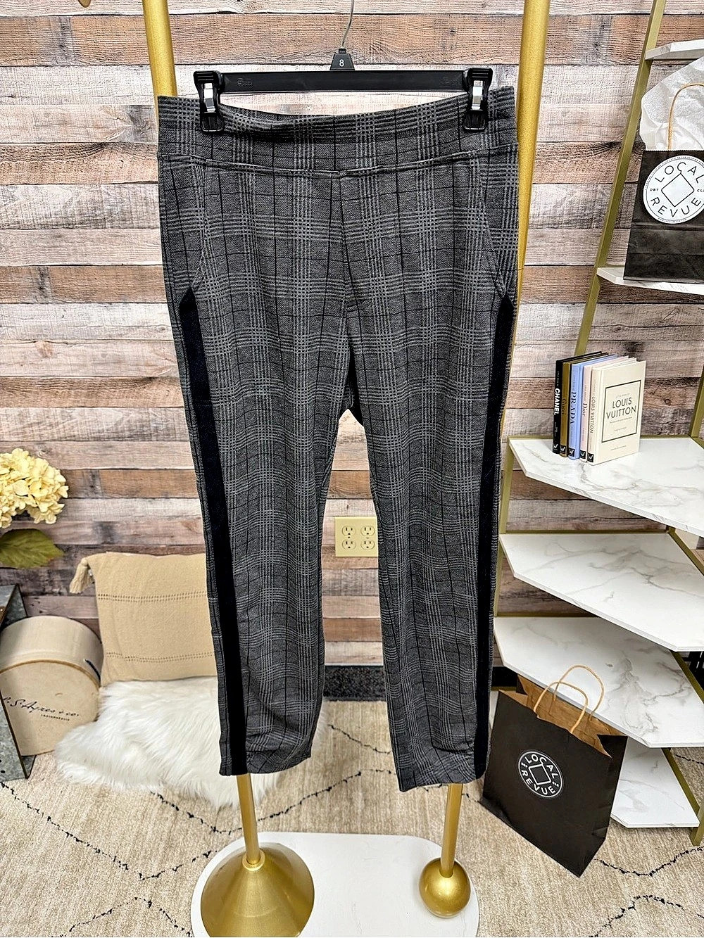 Wearables Grey & Black Plaid Pants with Black Side Stripe